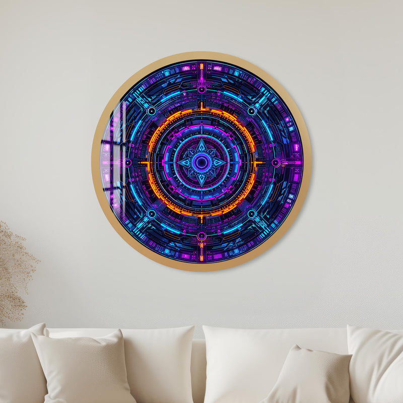 Neon Cyber Mandala with gold frame