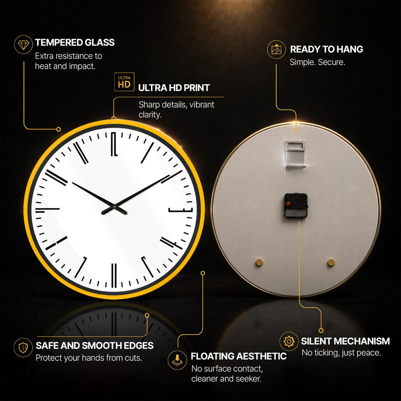 Yellow Minimalist Timepiece — tempered glass, ultra HD print, ready to hang