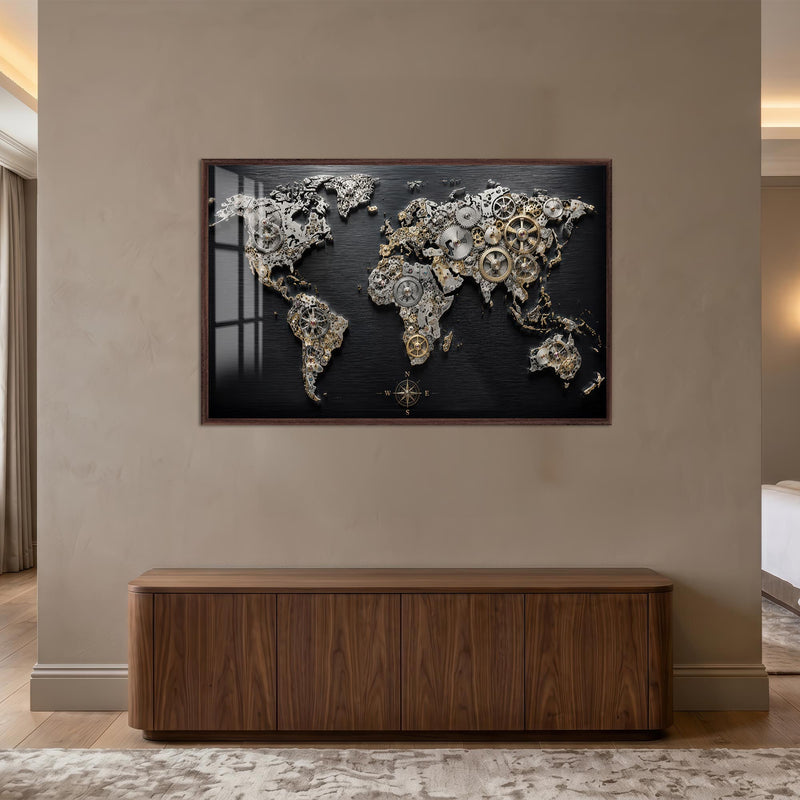 Clockwork World Map with walnut frame