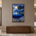 Gilded Moonlit Lake with walnut frame