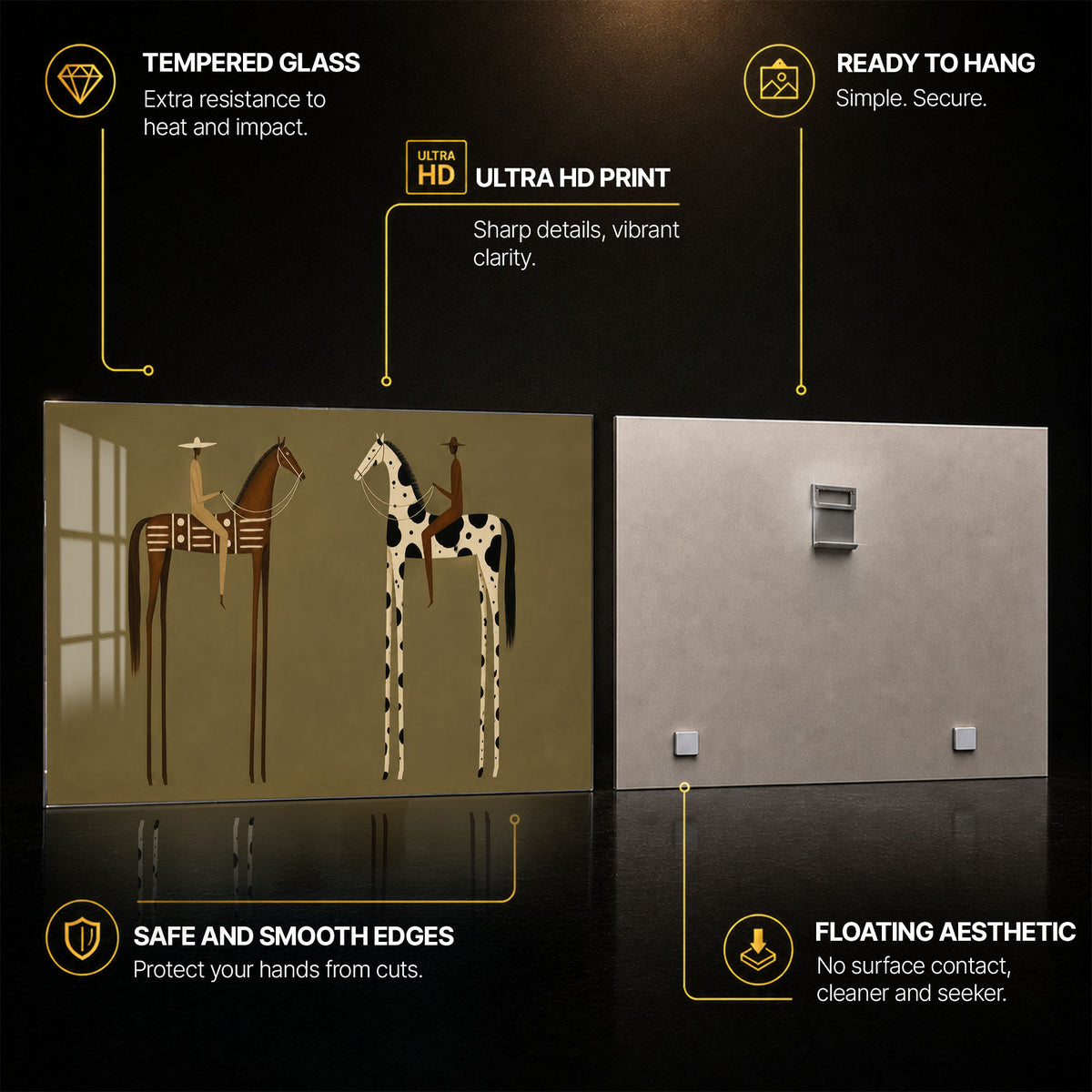 Minimalist Horse Riders — tempered glass, ultra HD print, ready to hang