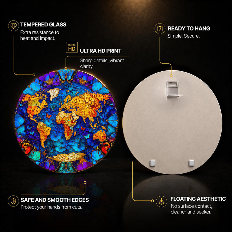 Butterfly World Map — tempered glass, ultra HD print, ready to hang