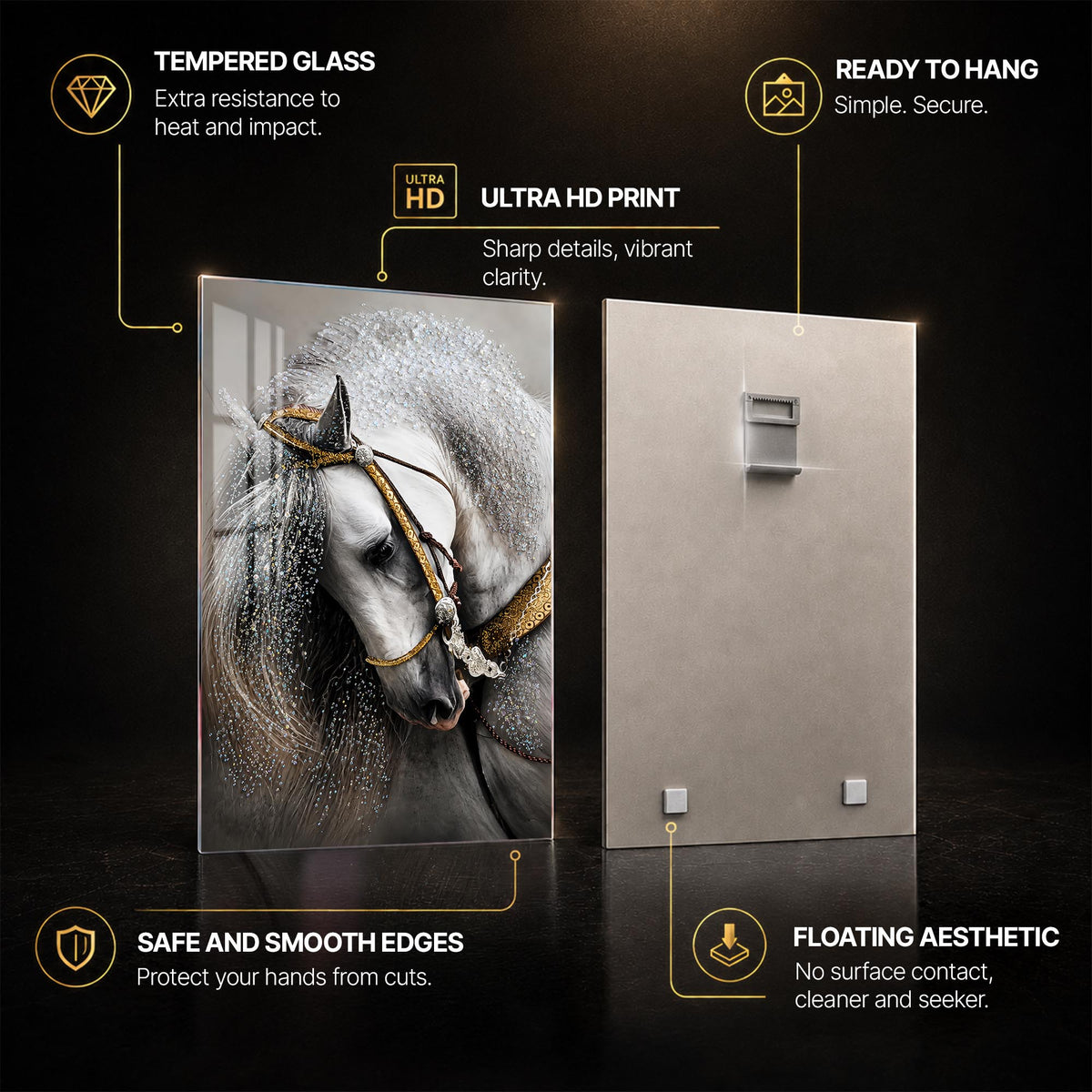 Jeweled White Horse — tempered glass, ultra HD print, ready to hang