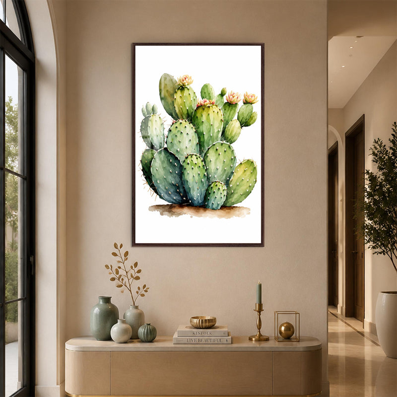 Blooming Prickly Pear with walnut frame