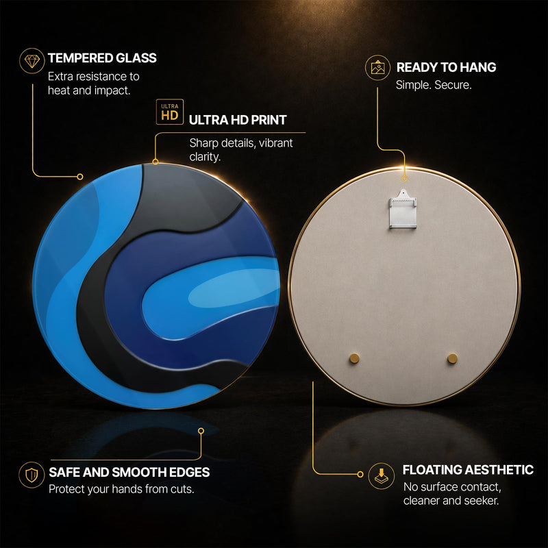 Glossy Blue Wave Swirl — tempered glass, ultra HD print, ready to hang