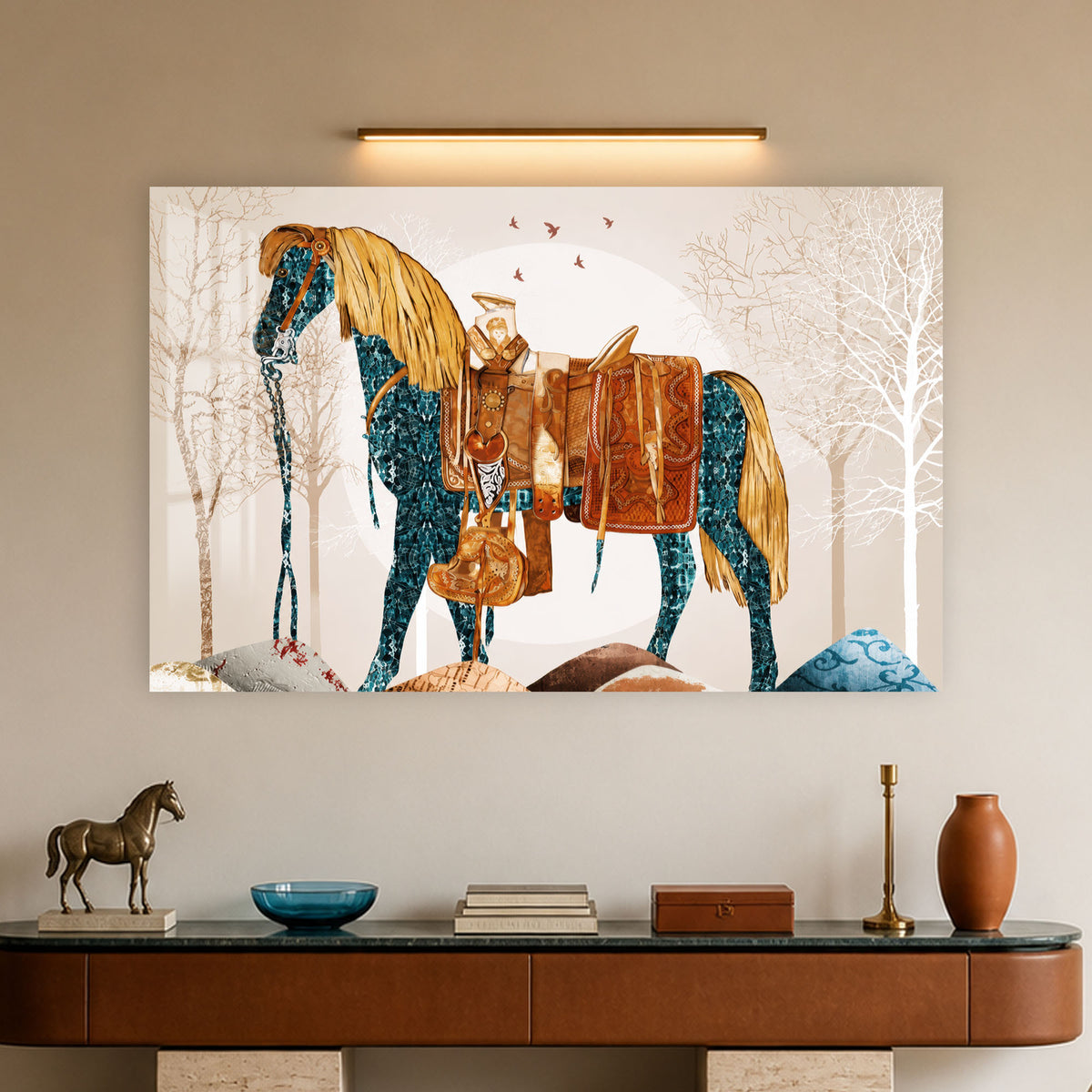 Collage Horse in Harness in a modern room