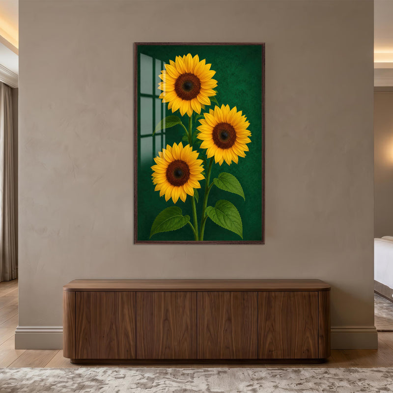Golden Sunflower Trio with walnut frame