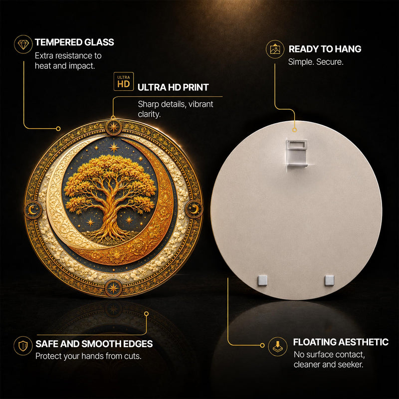 Celestial Golden Tree — tempered glass, ultra HD print, ready to hang