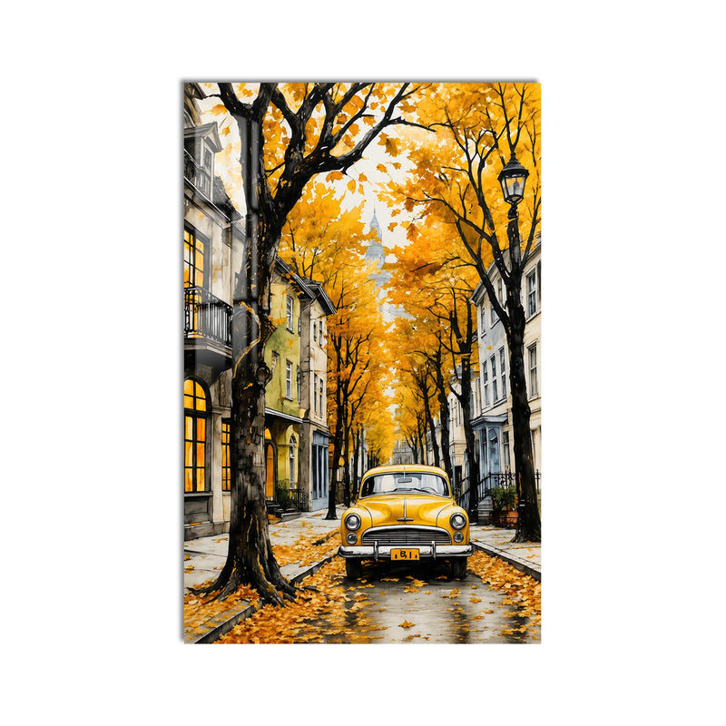 Yellow Car Autumn Street product shot on white background
