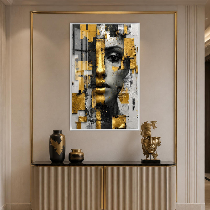 Artronauts Glass Print 12x18 cm | 4.7"x7.1" / White Fragmented Golden Woman Glass Wall Art