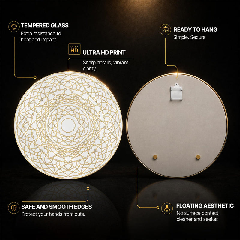 Golden Radial Mandala Line Art — tempered glass, ultra HD print, ready to hang