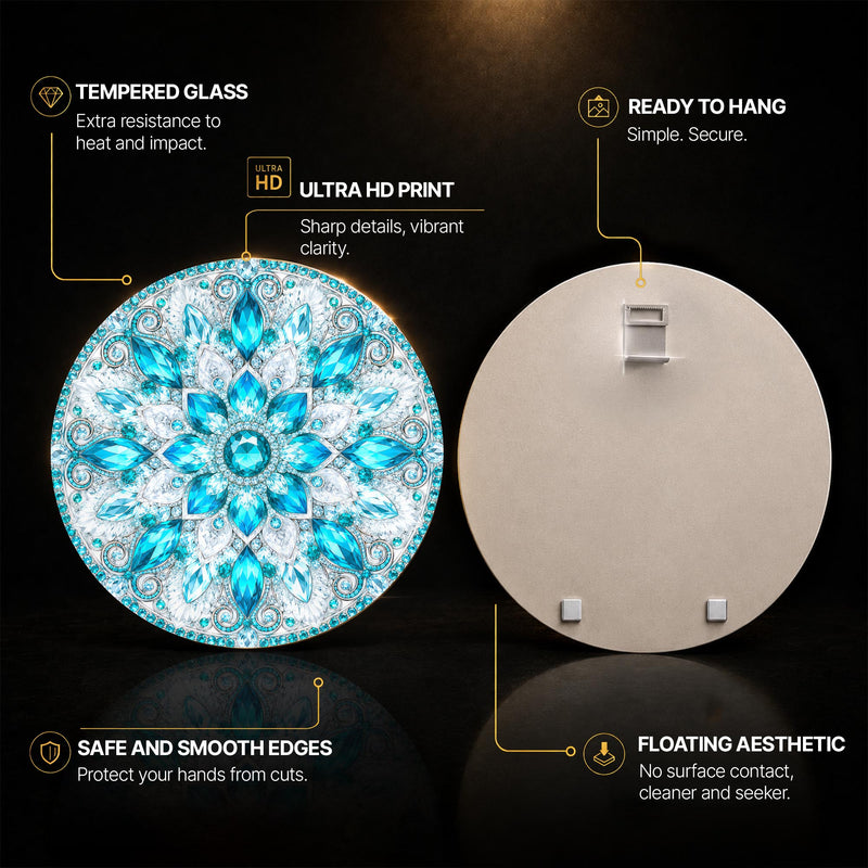 Aqua Crystal Mandala — tempered glass, ultra HD print, ready to hang