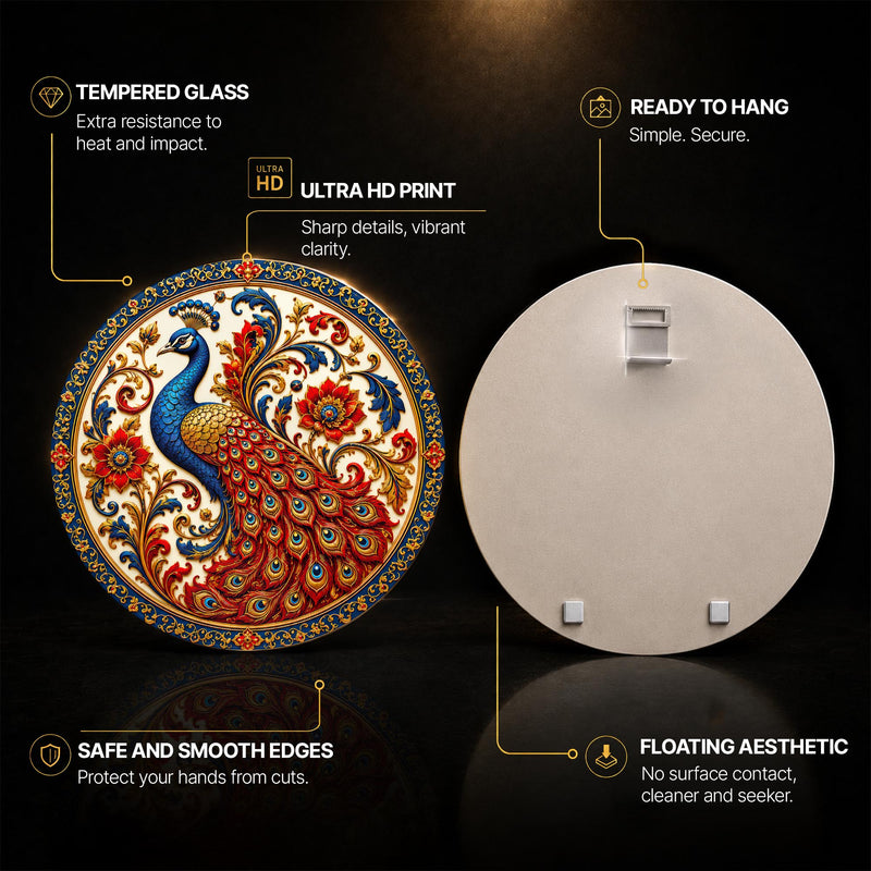 Regal Peacock Flourish — tempered glass, ultra HD print, ready to hang