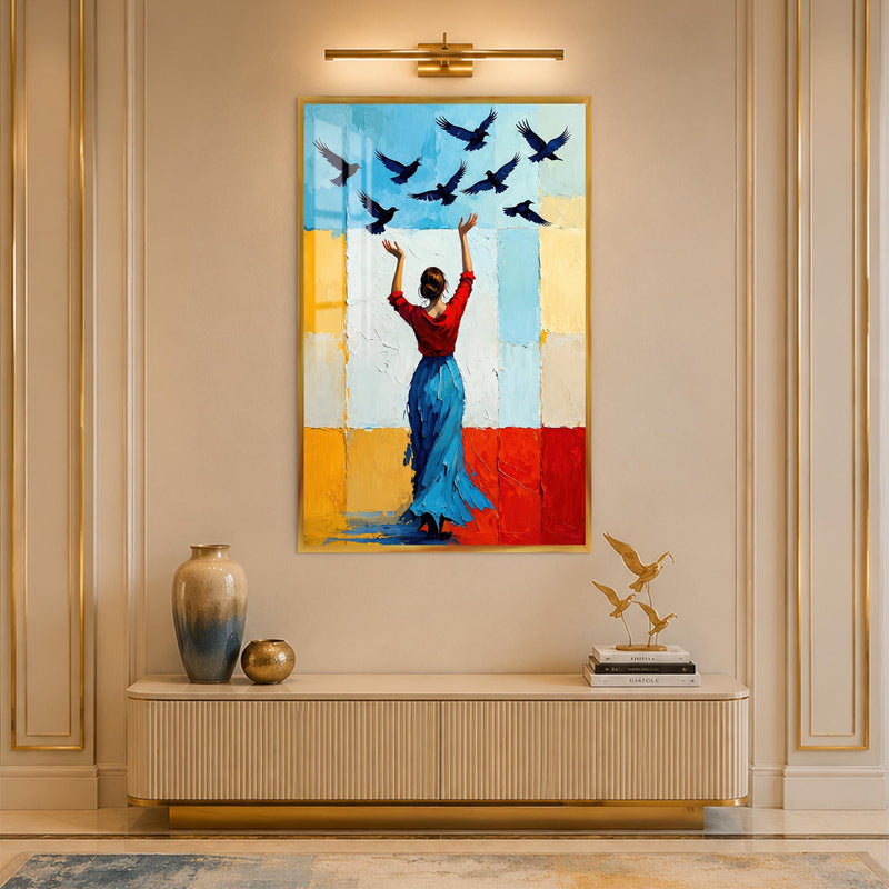 Woman Releasing Birds with gold frame