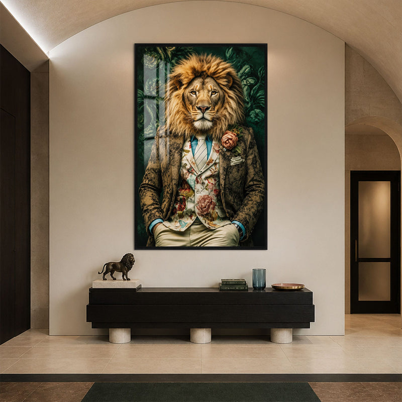 Artronauts Glass Print 12x18 cm | 4.7"x7.1" / Black Floral Gentleman Lion Glass Wall Art