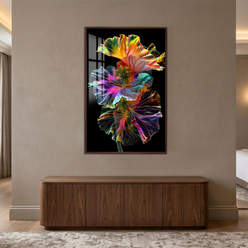 Neon Hibiscus Bloom with walnut frame