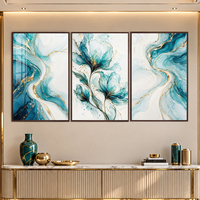 Aqua Floral with walnut frame