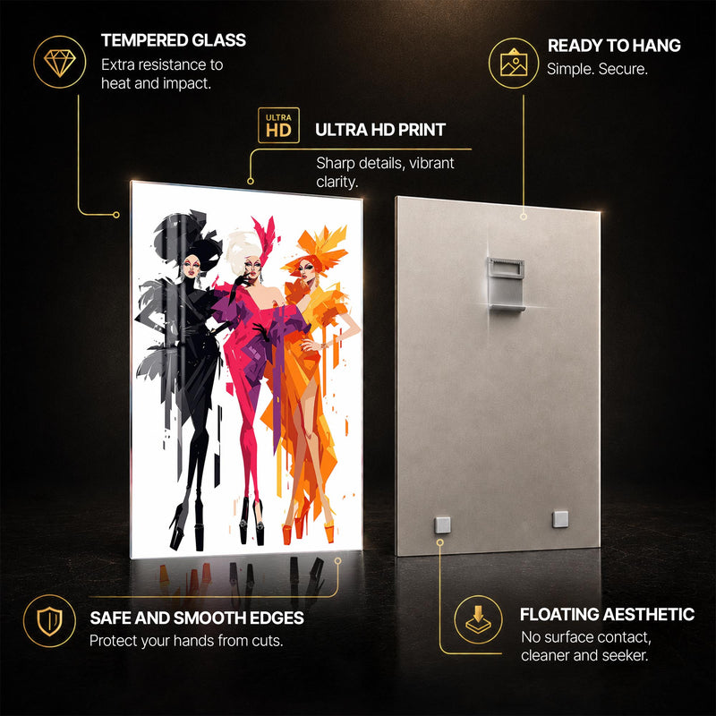 Chromatic Fashion Trio — tempered glass, ultra HD print, ready to hang