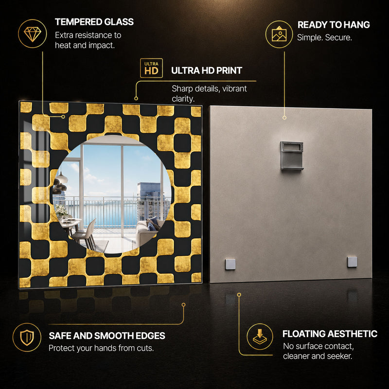 Gilded Geometric Reflections — tempered glass, ultra HD print, ready to hang