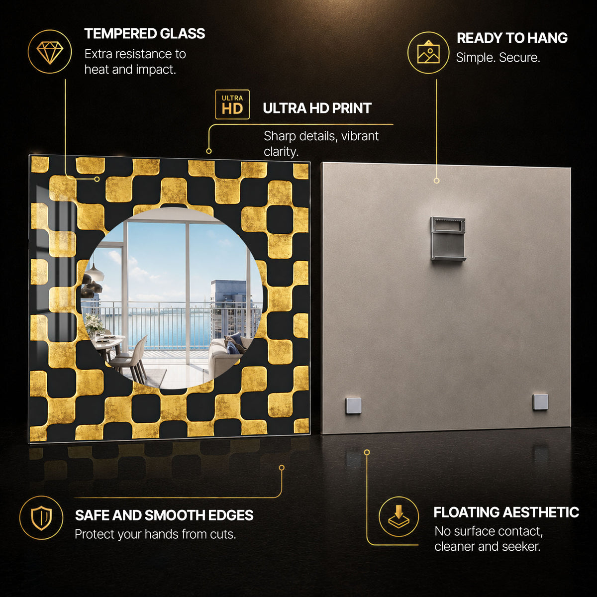 Gilded Geometric Reflections — tempered glass, ultra HD print, ready to hang