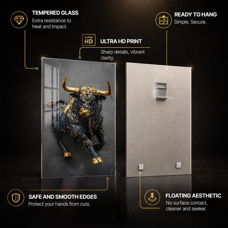 Golden Charging Bull — tempered glass, ultra HD print, ready to hang