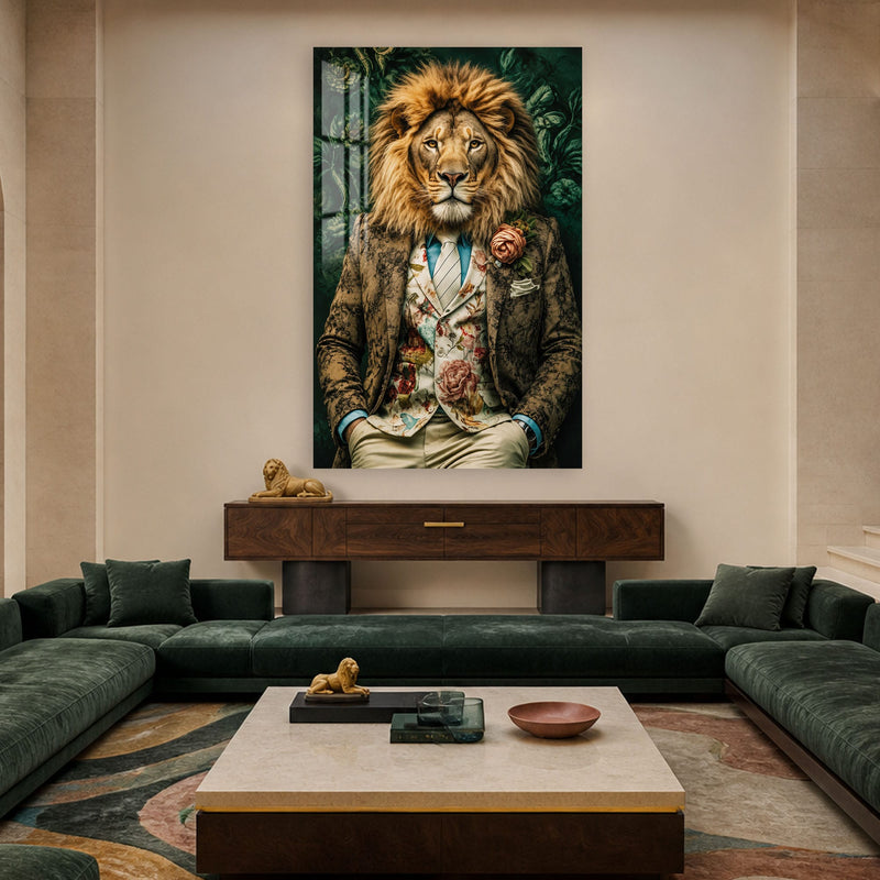 Artronauts Glass Print Floral Gentleman Lion Glass Wall Art
