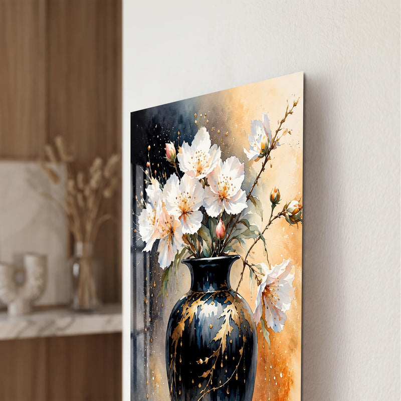 Blossoms in Black Vase close-up angled detail