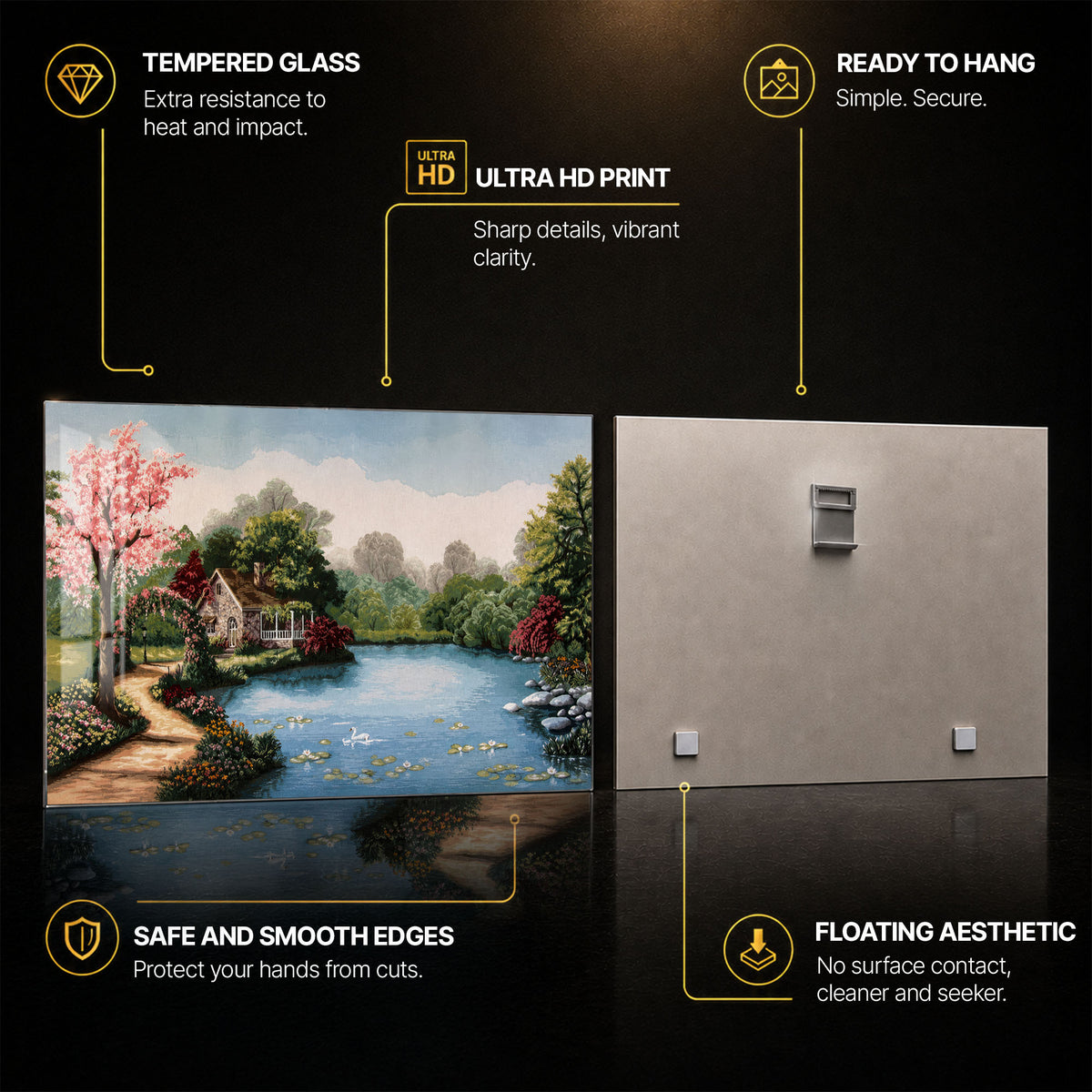 Lakeside Cottage in Bloom — tempered glass, ultra HD print, ready to hang