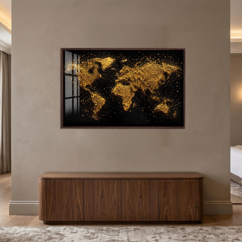 Golden World Map with walnut frame