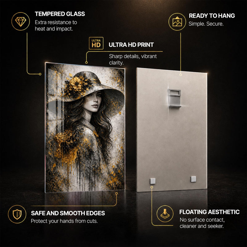 Golden Hat Portrait — tempered glass, ultra HD print, ready to hang