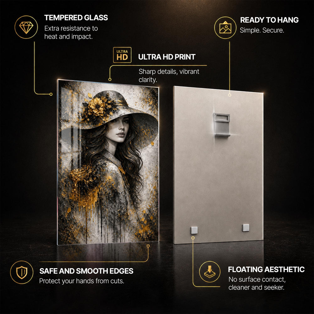 Golden Hat Portrait — tempered glass, ultra HD print, ready to hang