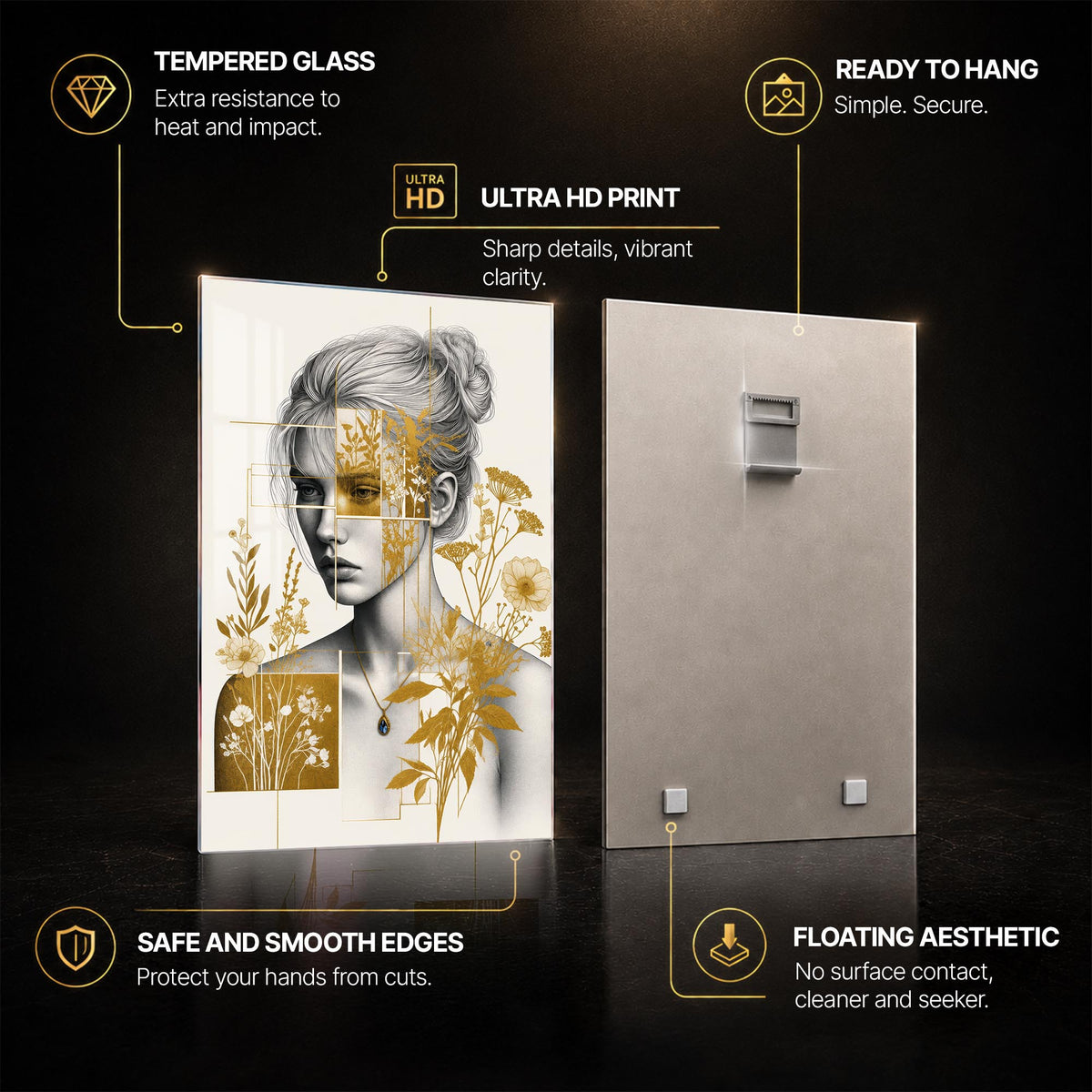 Golden Botanical Muse — tempered glass, ultra HD print, ready to hang