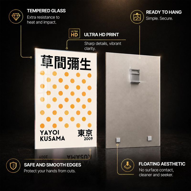 Kusama Tokyo Dots — tempered glass, ultra HD print, ready to hang