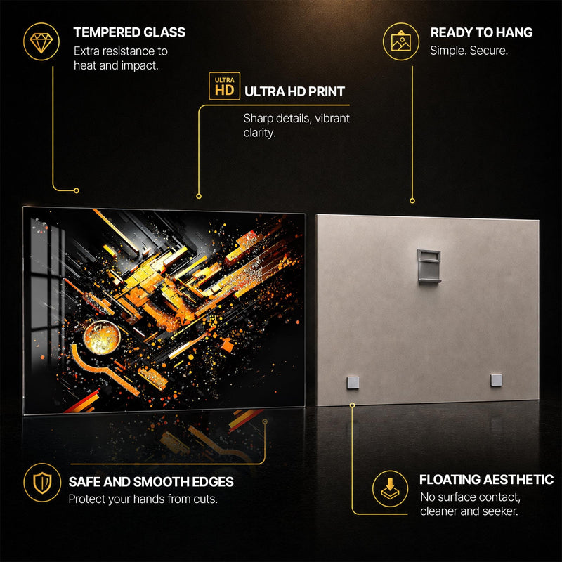 Orange Fragment Burst — tempered glass, ultra HD print, ready to hang