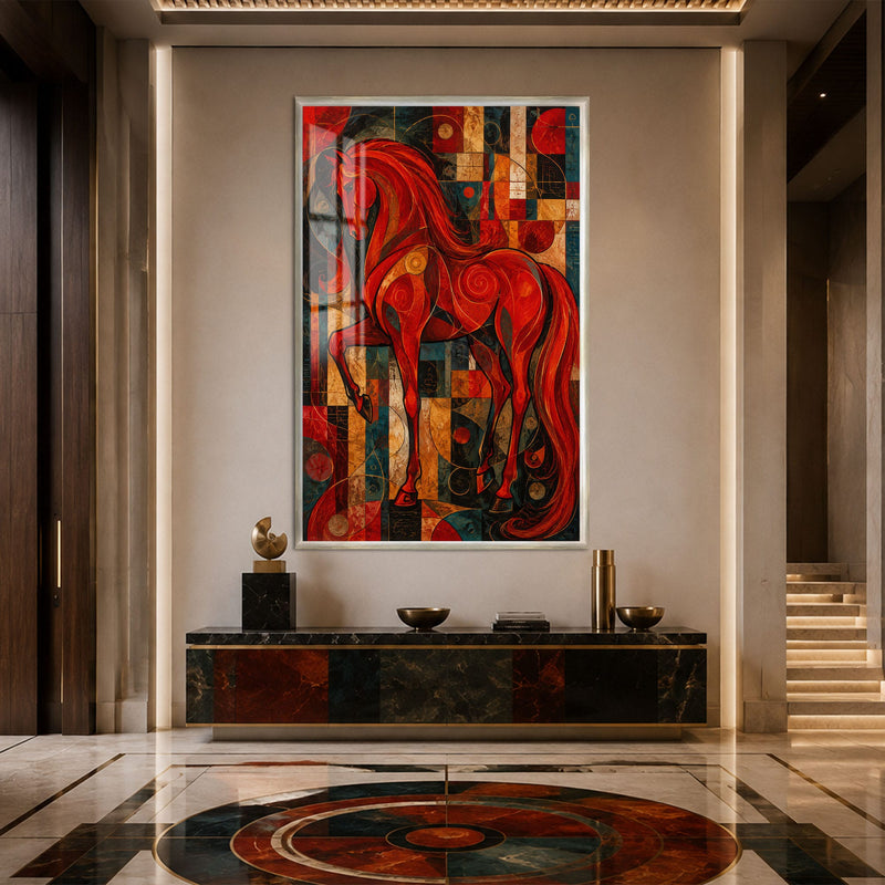 Artronauts Glass Print 12x18 cm | 4.7"x7.1" / Silver Scarlet Mosaic Horse Glass Wall Art
