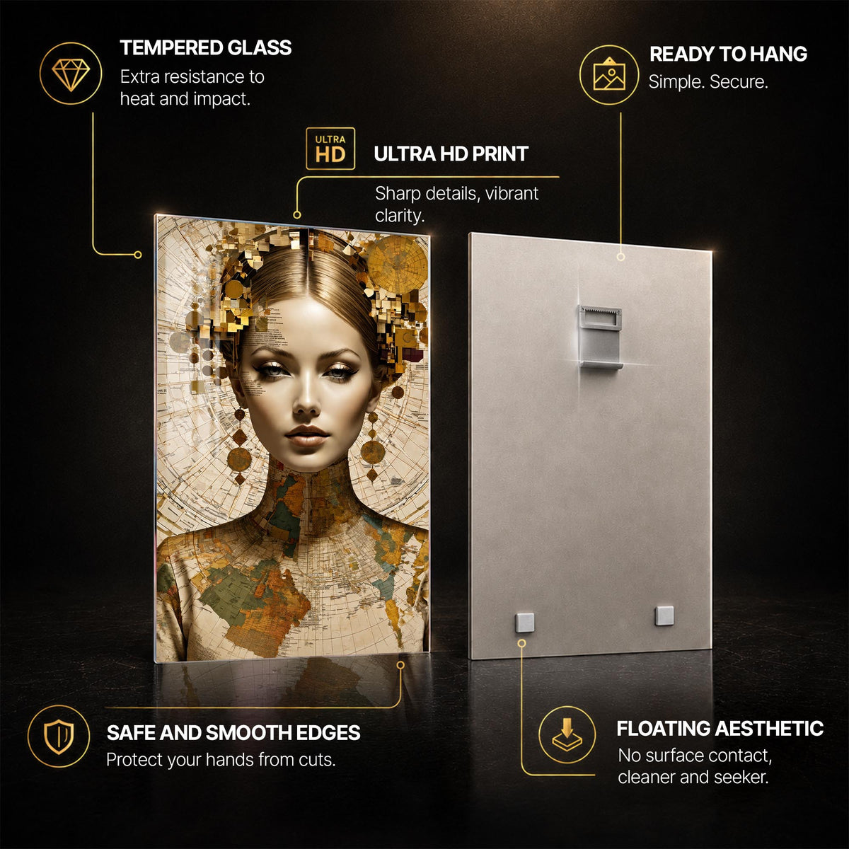 Cartographic Muse — tempered glass, ultra HD print, ready to hang