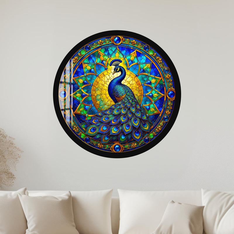Emerald Stained Glass Peacock with black frame