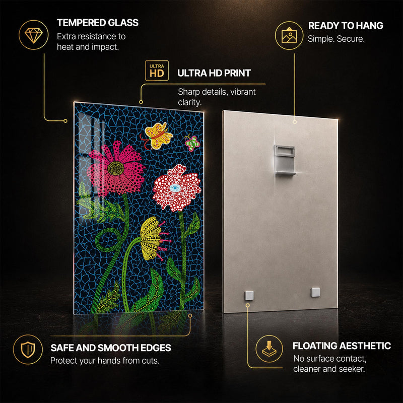 Dotted Midnight Garden — tempered glass, ultra HD print, ready to hang