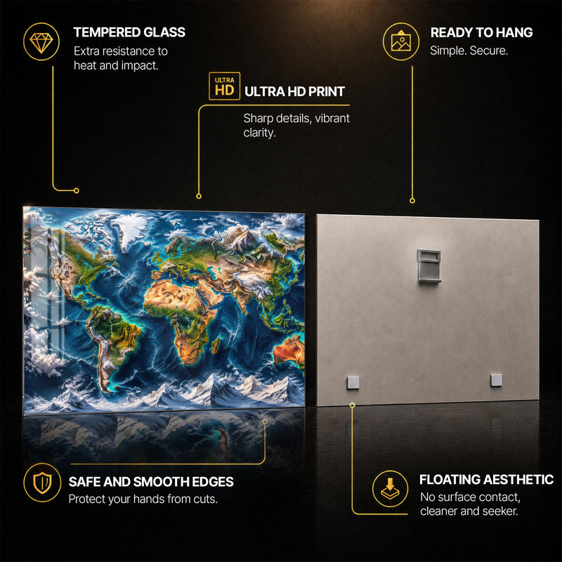 Majestic World Relief — tempered glass, ultra HD print, ready to hang
