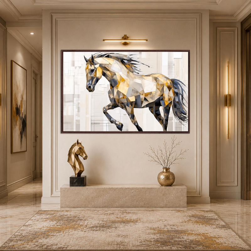 Artronauts Glass Print 18x12 cm | 7.1"x4.7" / Walnut Low-Poly Gold Stallion Glass Wall Art