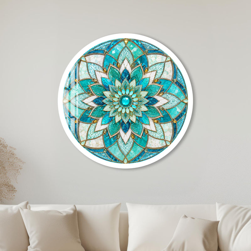 Turquoise Lotus Mandala with white frame