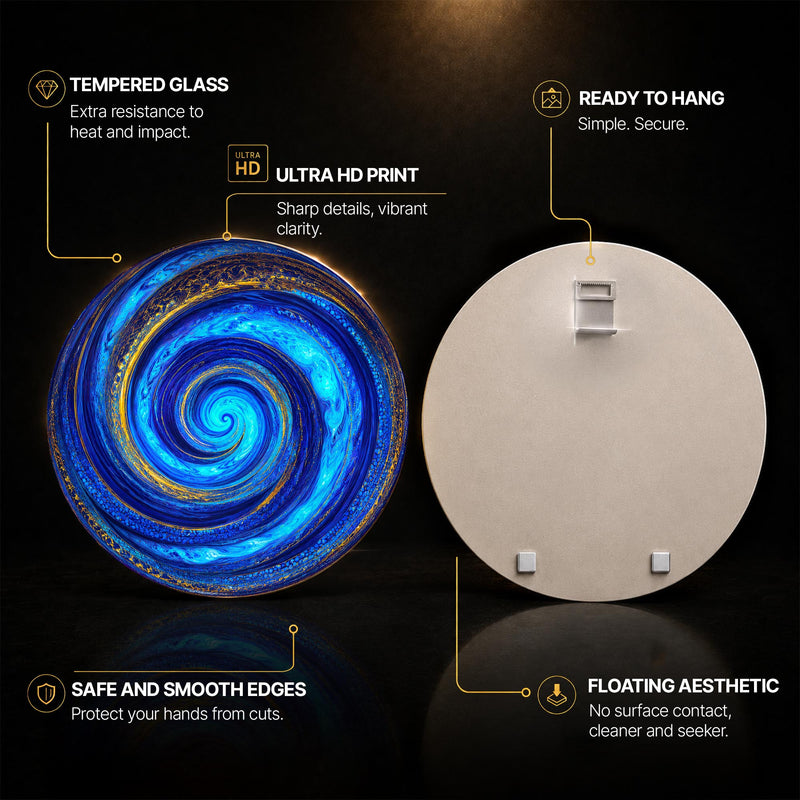 Celestial Blue Vortex — tempered glass, ultra HD print, ready to hang
