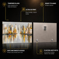 Golden City Reflections — tempered glass, ultra HD print, ready to hang