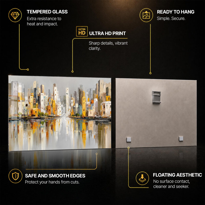 Golden City Reflections — tempered glass, ultra HD print, ready to hang