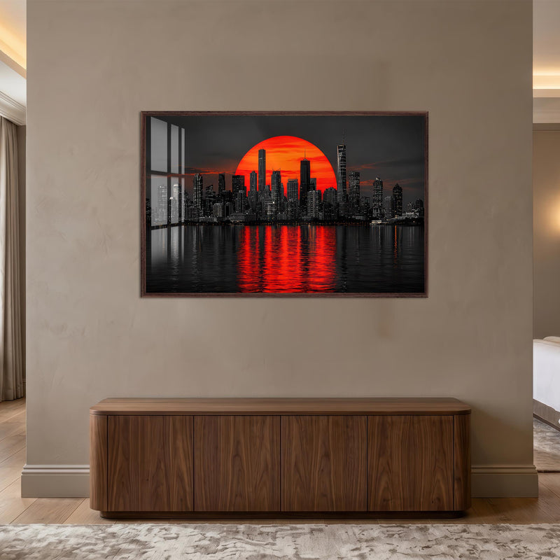 Crimson City Sunset with walnut frame