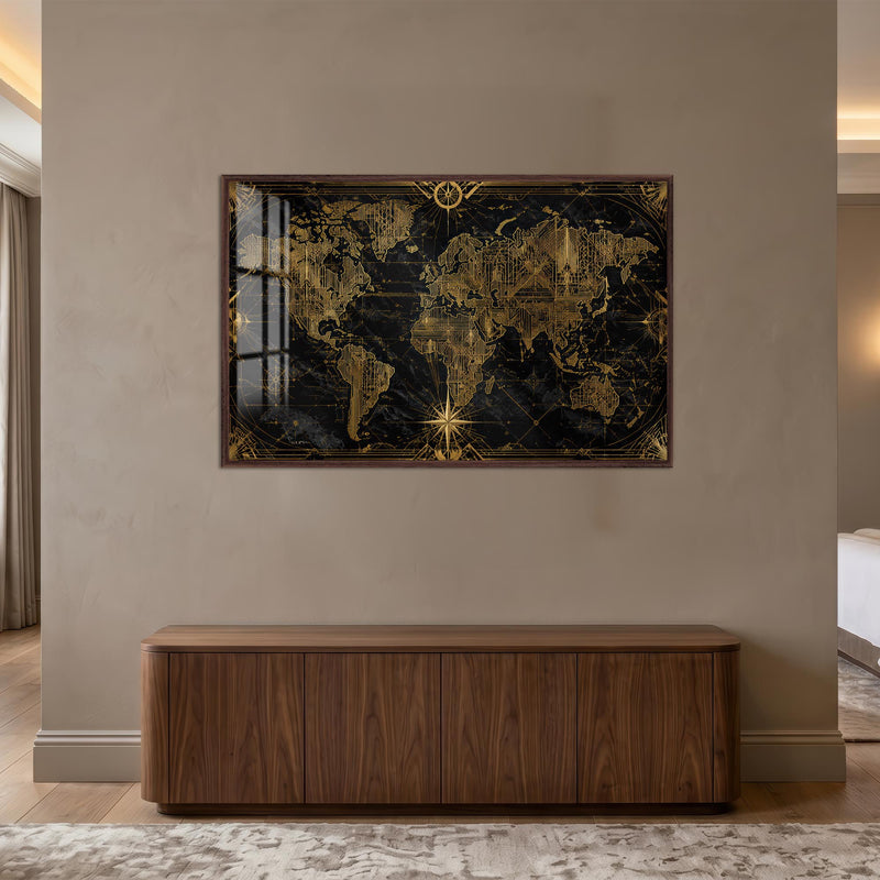 Gilded World Map with walnut frame