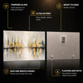 Golden City Reflections — tempered glass, ultra HD print, ready to hang