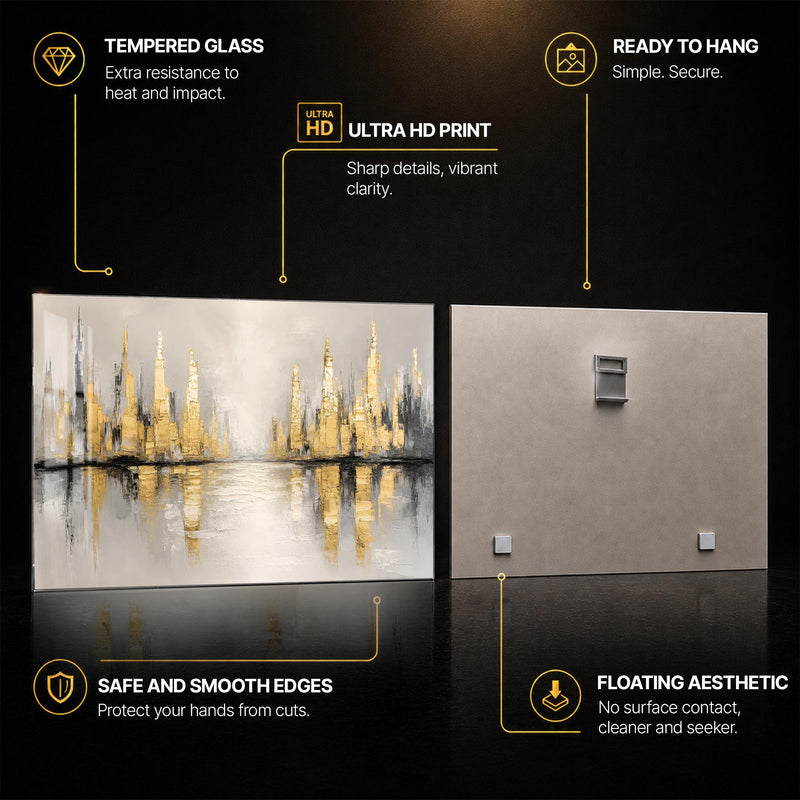 Golden City Reflections — tempered glass, ultra HD print, ready to hang