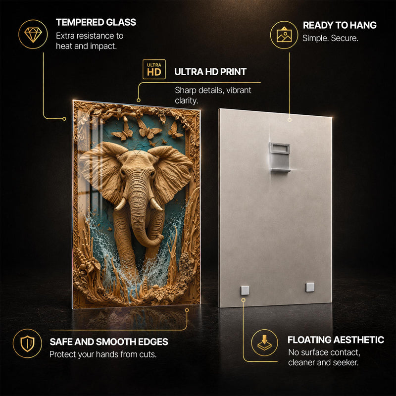 Gilded Elephant Majesty — tempered glass, ultra HD print, ready to hang