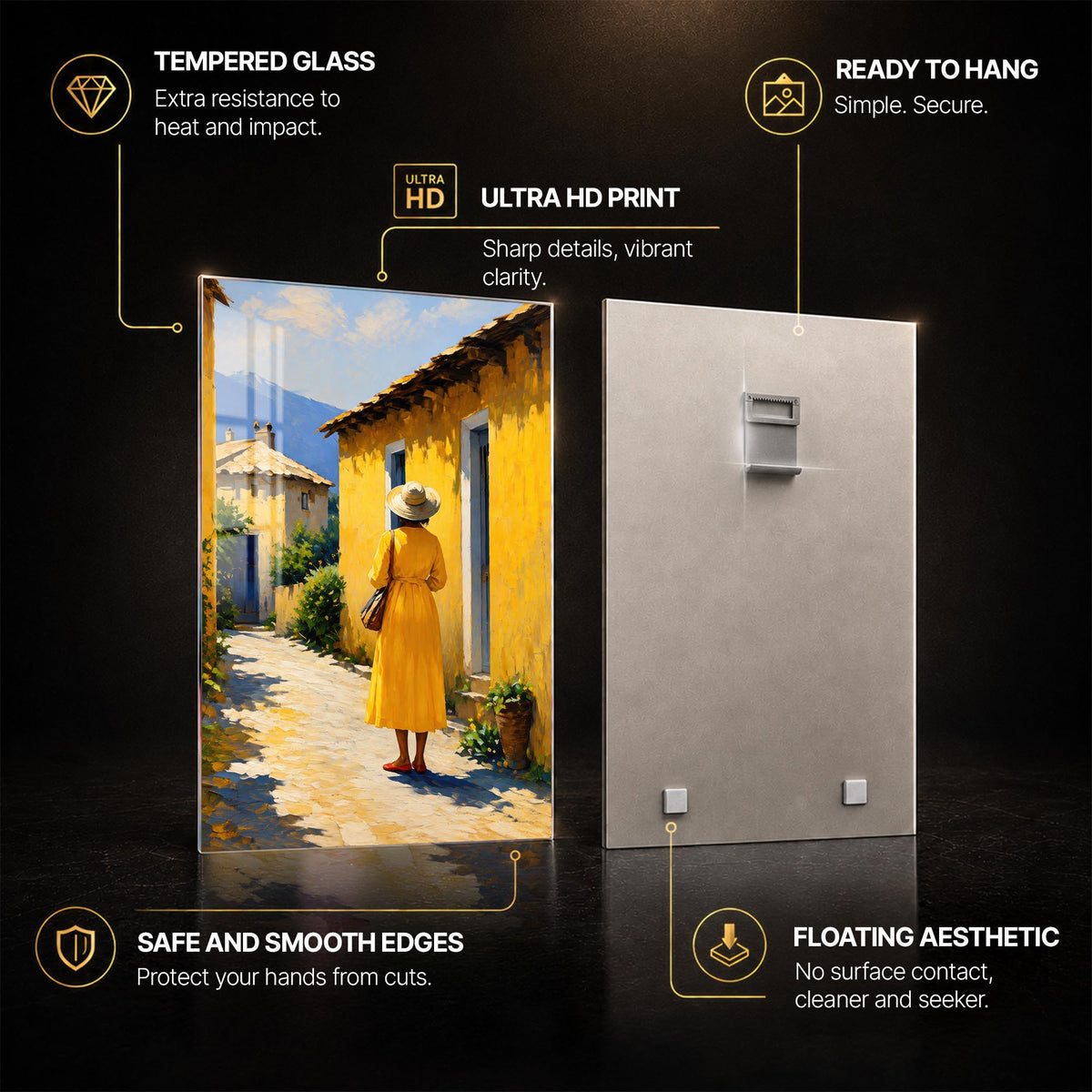 Woman in Yellow Street — tempered glass, ultra HD print, ready to hang